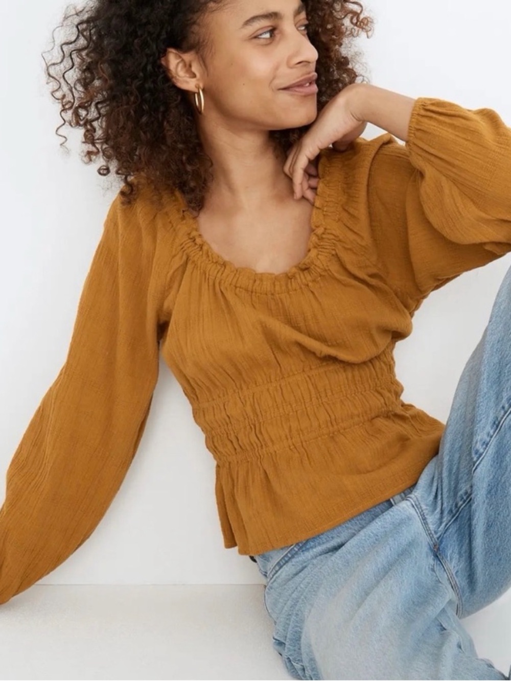 Madewell Sophia Smocked Blouse in Mustard Yellow